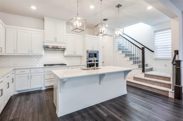 kitchen with a notable chandelier, a sink, light countertops, appliances with stainless steel finishes, and under cabinet range hood