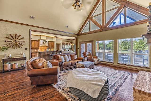 4682 County Road 2720, Caddo Mills, TX 75135 - living room featuring high vaulted ceiling, visible vents, ceiling fan, and dark wood-style floors