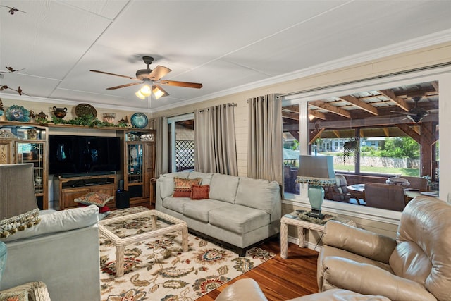 1412 Conejos Ct, Granbury, TX 76048 - living room featuring a ceiling fan, ornamental molding, and wood finished floors