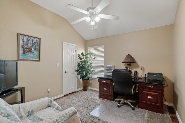 1412 Conejos Ct, Granbury, TX 76048 - office space featuring baseboards, ceiling fan, wood finished floors, and vaulted ceiling