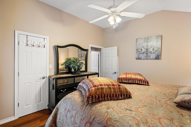 1412 Conejos Ct, Granbury, TX 76048 - bedroom with dark wood-style flooring, a ceiling fan, and vaulted ceiling