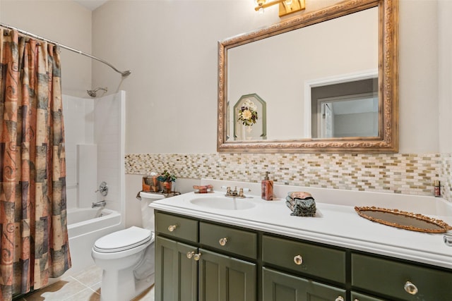 1412 Conejos Ct, Granbury, TX 76048 - bathroom with vanity, toilet, tile patterned floors, shower / bathtub combination with curtain, and decorative backsplash