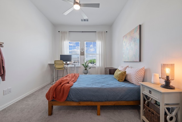 bedroom featuring carpet flooring, baseboards, a ceiling fan, and visible vents