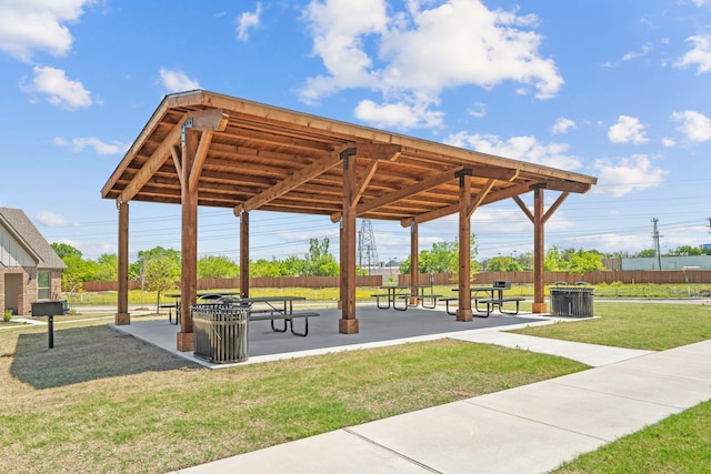 view of property's community with a yard, fence, and a patio area