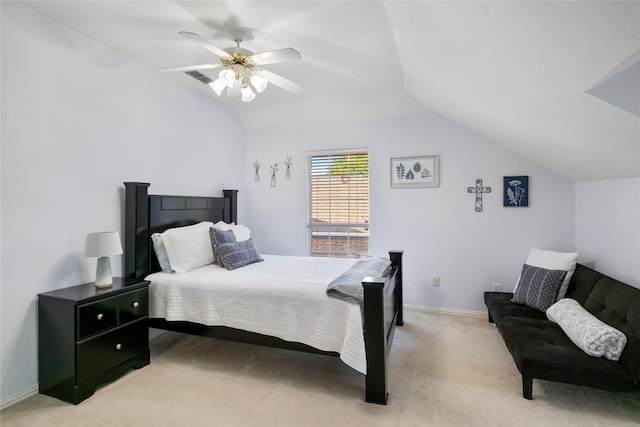 1805 Paddington Ct, Arlington, TX 76017 - bedroom featuring ceiling fan, light colored carpet, vaulted ceiling, and baseboards