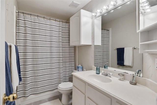 1805 Paddington Ct, Arlington, TX 76017 - bathroom featuring vanity, curtained shower, tile patterned flooring, toilet, and visible vents