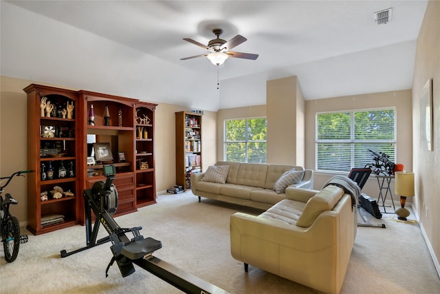 1805 Paddington Ct, Arlington, TX 76017 - living area with visible vents, baseboards, a ceiling fan, light carpet, and lofted ceiling