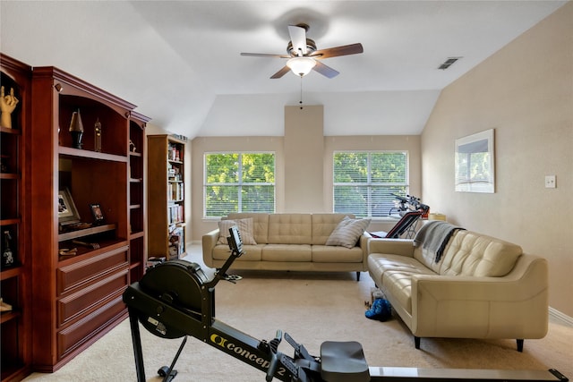 1805 Paddington Ct, Arlington, TX 76017 - exercise area with carpet, visible vents, a ceiling fan, and lofted ceiling