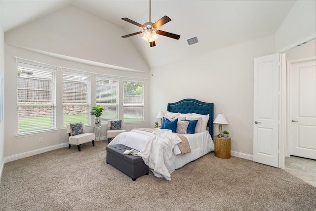 313 Grove Park Pl, Mckinney, TX 75071 - carpeted bedroom featuring multiple windows, high vaulted ceiling, ceiling fan, and baseboards