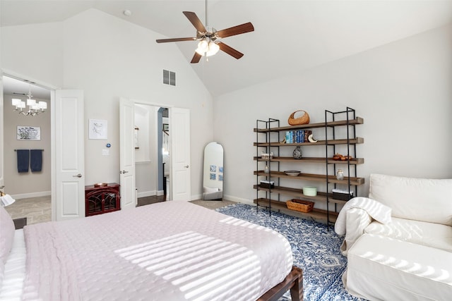 bedroom featuring high vaulted ceiling, baseboards, visible vents, and ceiling fan with notable chandelier