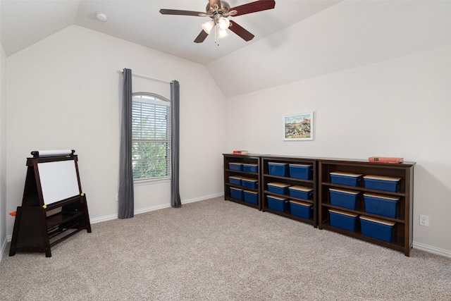bonus room featuring vaulted ceiling, baseboards, carpet floors, and ceiling fan