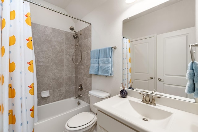 full bath with toilet, vanity, and shower / bath combination with curtain