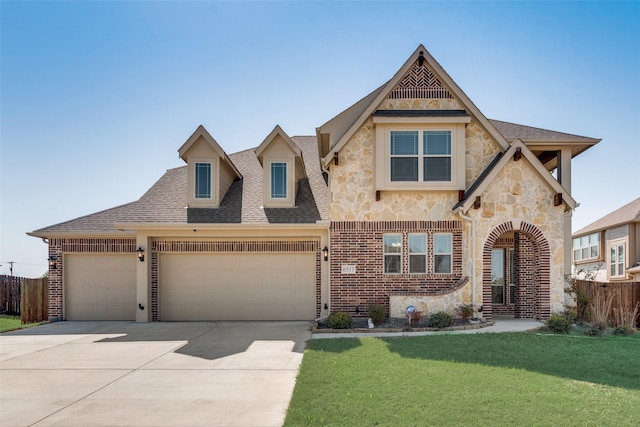 6517 Harwich Dr, Mesquite, TX 75181 - view of front facade featuring concrete driveway, a front yard, stone siding, and a shingled roof