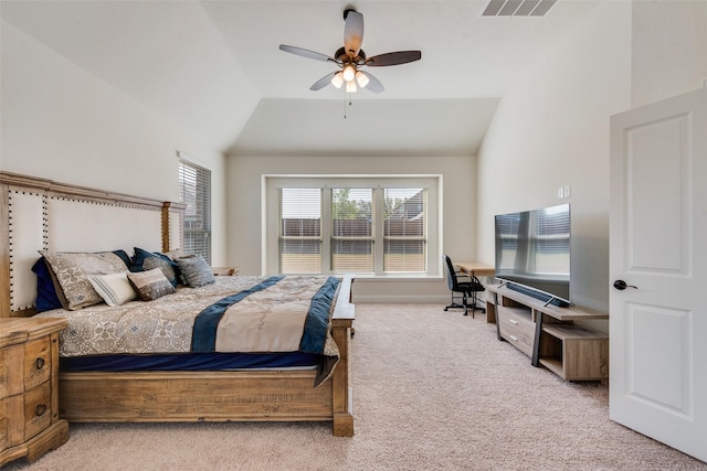 6517 Harwich Dr, Mesquite, TX 75181 - bedroom with visible vents, carpet flooring, ceiling fan, and vaulted ceiling