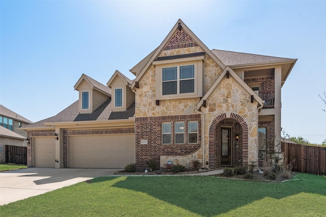 6517 Harwich Dr, Mesquite, TX 75181 - view of front facade with concrete driveway, stone siding, an attached garage, a front lawn, and fence