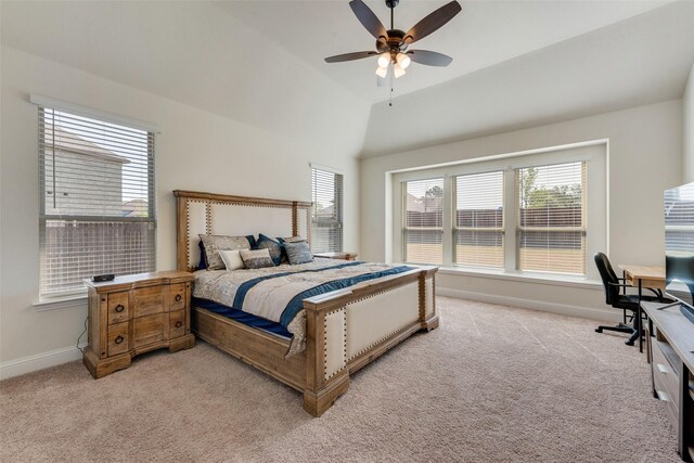 6517 Harwich Dr, Mesquite, TX 75181 - bedroom featuring baseboards, multiple windows, vaulted ceiling, and light carpet