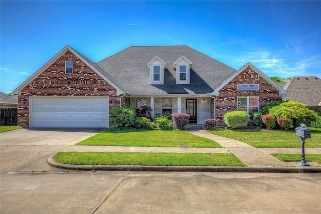 view of front of home with concrete driveway, roof with shingles, a front lawn, brick siding, and a garage