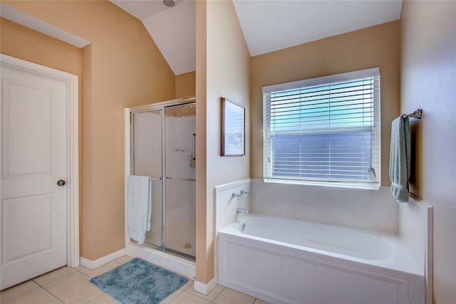 full bathroom featuring a bath, a stall shower, baseboards, and tile patterned floors