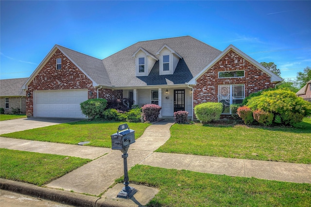 new england style home with roof with shingles, a garage, a front yard, and brick siding
