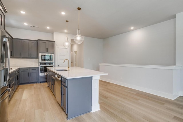 kitchen featuring light wood-style flooring, tasteful backsplash, a sink, stainless steel appliances, and a center island with sink