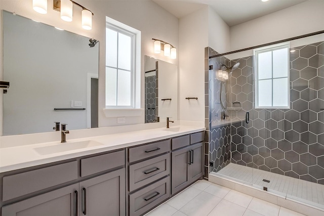 full bathroom with a wealth of natural light, a shower stall, and a sink