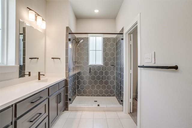 bathroom with a shower stall, tile patterned floors, and vanity