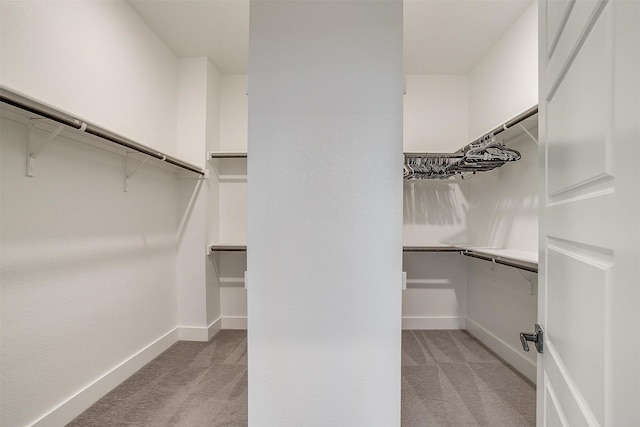 walk in closet featuring light carpet
