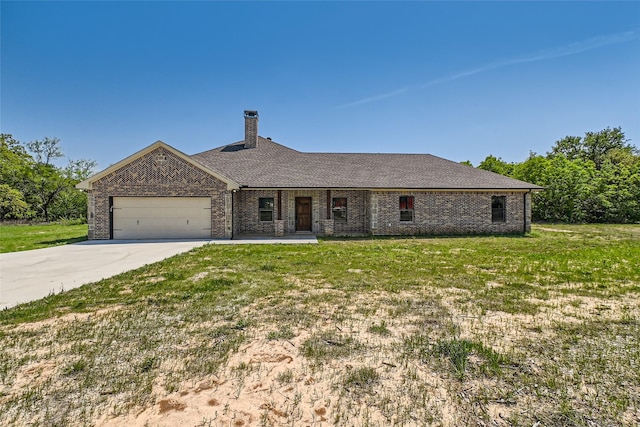 2001 Ryan Ct, Weatherford, TX 76085 - single story home with concrete driveway, a chimney, a front yard, brick siding, and a garage