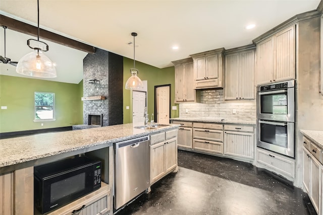 2001 Ryan Ct, Weatherford, TX 76085 - kitchen with a sink, concrete flooring, stainless steel appliances, backsplash, and light stone counters