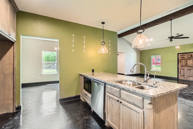 2001 Ryan Ct, Weatherford, TX 76085 - kitchen featuring a sink, ceiling fan, finished concrete flooring, stainless steel dishwasher, and vaulted ceiling with beams