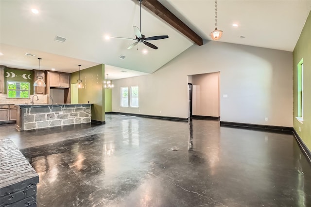 2001 Ryan Ct, Weatherford, TX 76085 - unfurnished living room with ceiling fan, lofted ceiling with beams, visible vents, recessed lighting, and baseboards