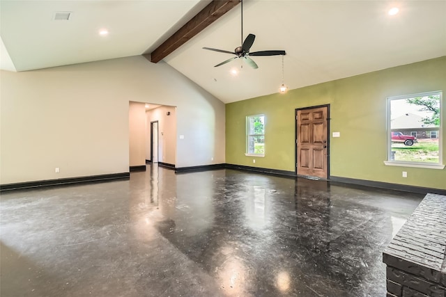 2001 Ryan Ct, Weatherford, TX 76085 - unfurnished living room featuring finished concrete floors, baseboards, beamed ceiling, and ceiling fan