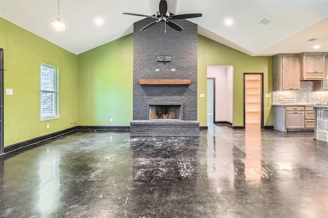 2001 Ryan Ct, Weatherford, TX 76085 - unfurnished living room with visible vents, concrete flooring, a ceiling fan, and lofted ceiling