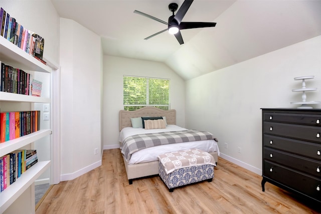 3945 Ringdove Way, Fort Worth, TX 76262 - bedroom featuring light wood-style floors, vaulted ceiling, baseboards, and a ceiling fan