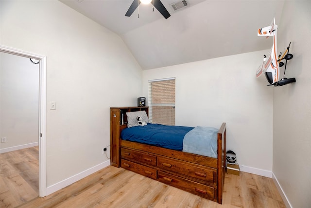 3945 Ringdove Way, Fort Worth, TX 76262 - bedroom with light wood-style flooring, lofted ceiling, baseboards, and ceiling fan