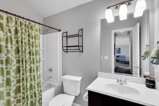 bathroom with toilet, shower / bathtub combination with curtain, vanity, and vaulted ceiling