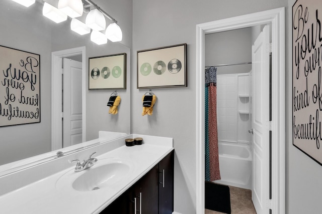 bathroom featuring shower / tub combo, vanity, and tile patterned flooring
