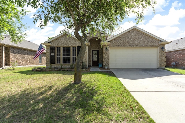 ranch-style home with a garage, concrete driveway, a front lawn, and brick siding