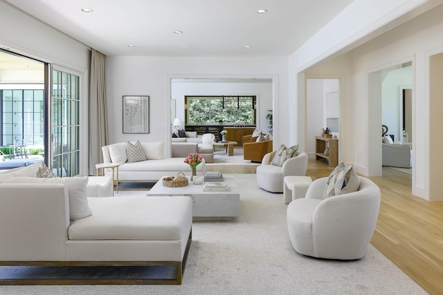 living area featuring wood finished floors and recessed lighting