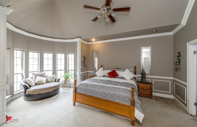 1231 Whitehall Dr, Bossier City, LA 71112 - carpeted bedroom featuring crown molding, a decorative wall, ornate columns, a ceiling fan, and a wainscoted wall
