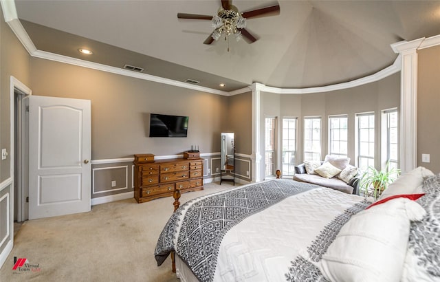 1231 Whitehall Dr, Bossier City, LA 71112 - carpeted bedroom with crown molding, a decorative wall, decorative columns, visible vents, and recessed lighting