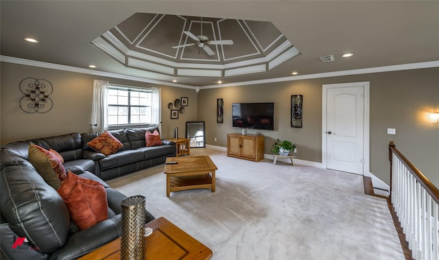 1231 Whitehall Dr, Bossier City, LA 71112 - living room with recessed lighting, visible vents, a ceiling fan, and crown molding