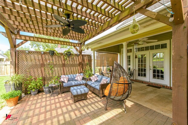 1231 Whitehall Dr, Bossier City, LA 71112 - view of patio / terrace with a pergola, a ceiling fan, fence, an outdoor hangout area, and french doors