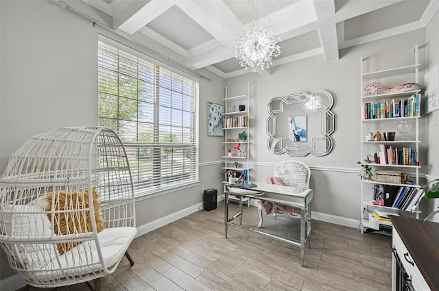 office area featuring a healthy amount of sunlight, wood finished floors, an inviting chandelier, and coffered ceiling