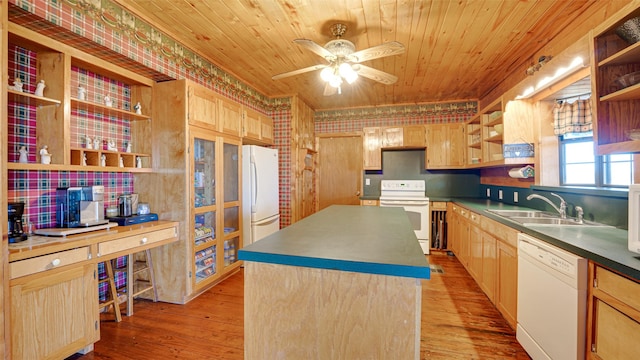 kitchen featuring ceiling fan, white appliances, light brown cabinetry, open shelves, and a sink