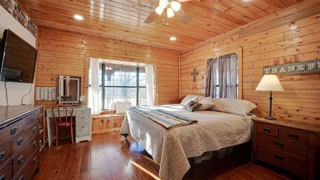 bedroom with wood walls and wooden ceiling