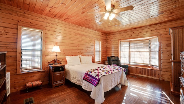 bedroom featuring ceiling fan, visible vents, wooden ceiling, dark wood-style flooring, and wooden walls