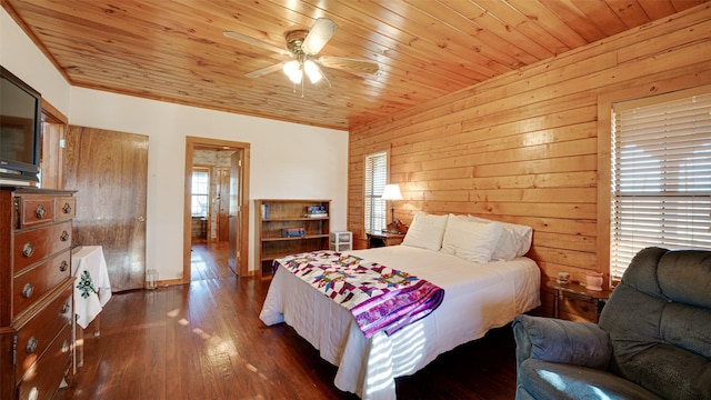 bedroom featuring wooden walls, ceiling fan, wooden ceiling, and dark wood-type flooring