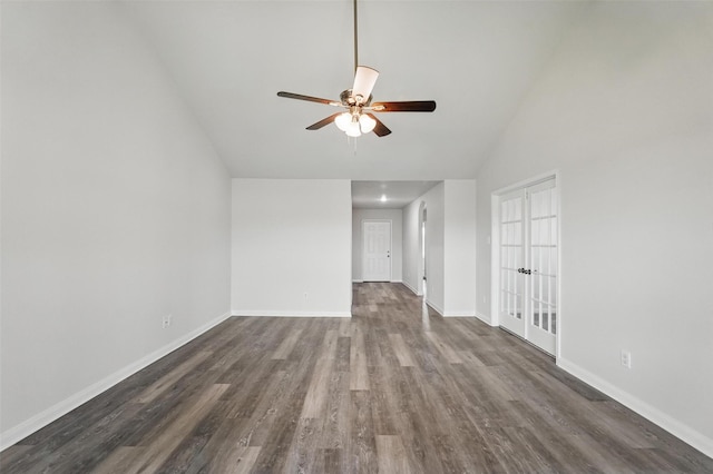 14203 Riata Ln, Dallas, TX 75253 - interior space with ceiling fan, baseboards, vaulted ceiling, and dark wood-style flooring