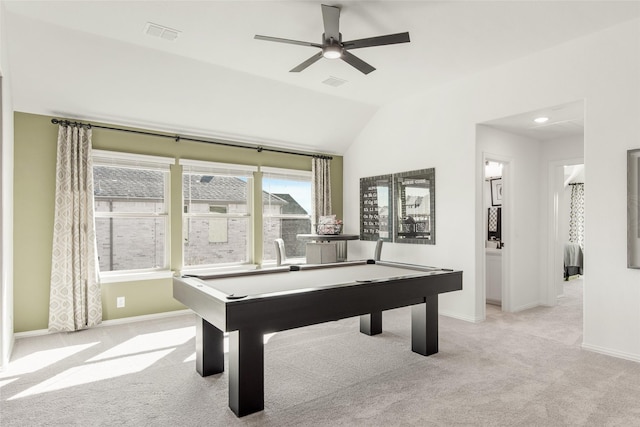 1013 Canuela Way, Fort Worth, TX 76247 - living area with lofted ceiling, light carpet, pool table, baseboards, and ceiling fan